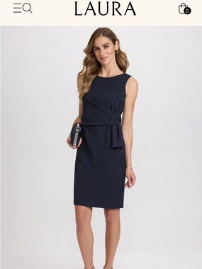 Sleeveless Navy Midi Sheath Dress with Side Knot Detail